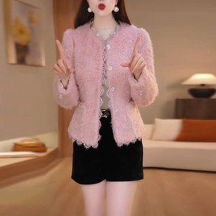 托斯卡纳卷毛粉色加厚短款外套2025冬季新款时尚轻奢气质保暖上衣