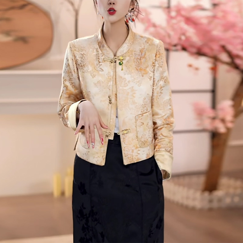 流光缎国风短款外套女春秋季新款长袖气质时尚新中式高贵轻奢上衣