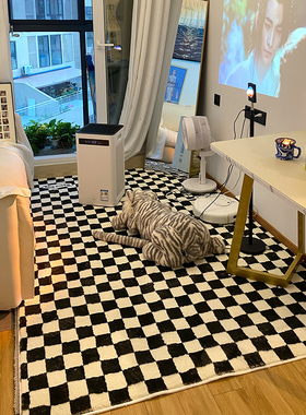 棋盘格地毯客厅沙发卧室床边毯少女绿色黑白格子田园ins风满铺垫