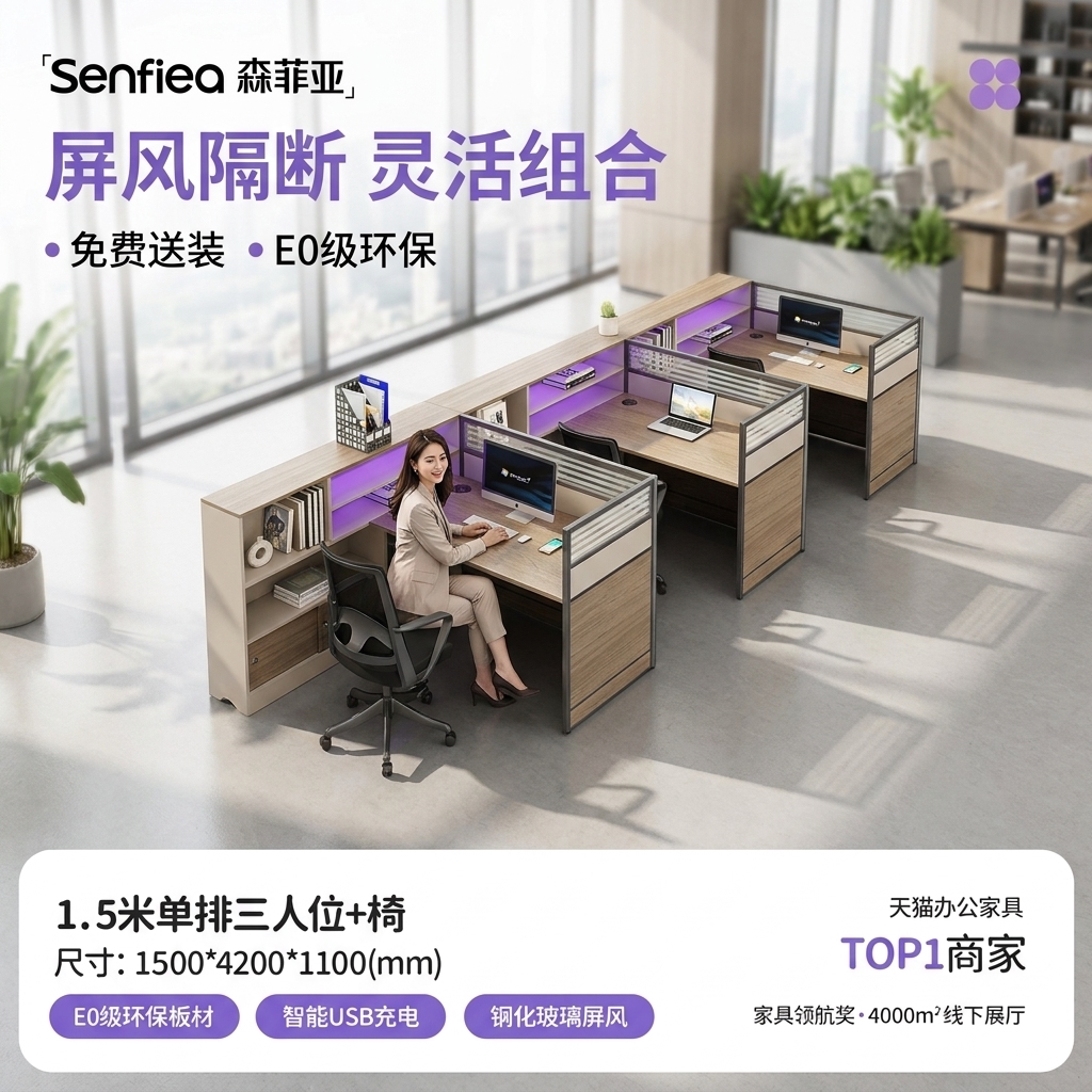 森菲亚三人位E0级安全环保办公桌