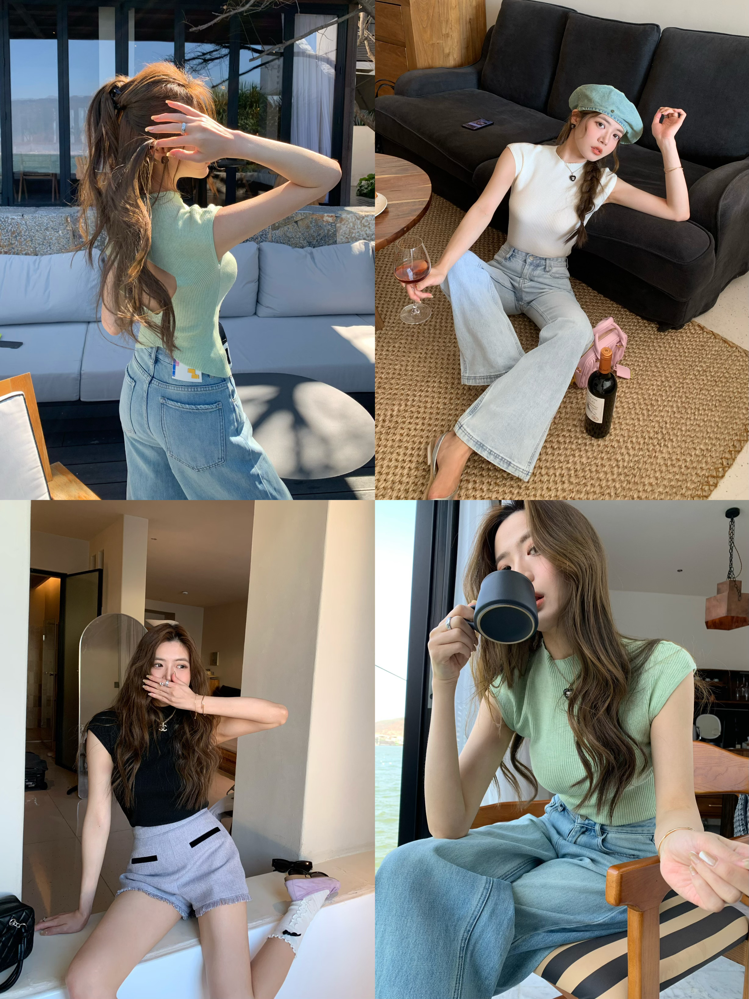 HEBEN MODE 偷心猎手 半高领针织短袖打底衫女春镂空露背别致上衣