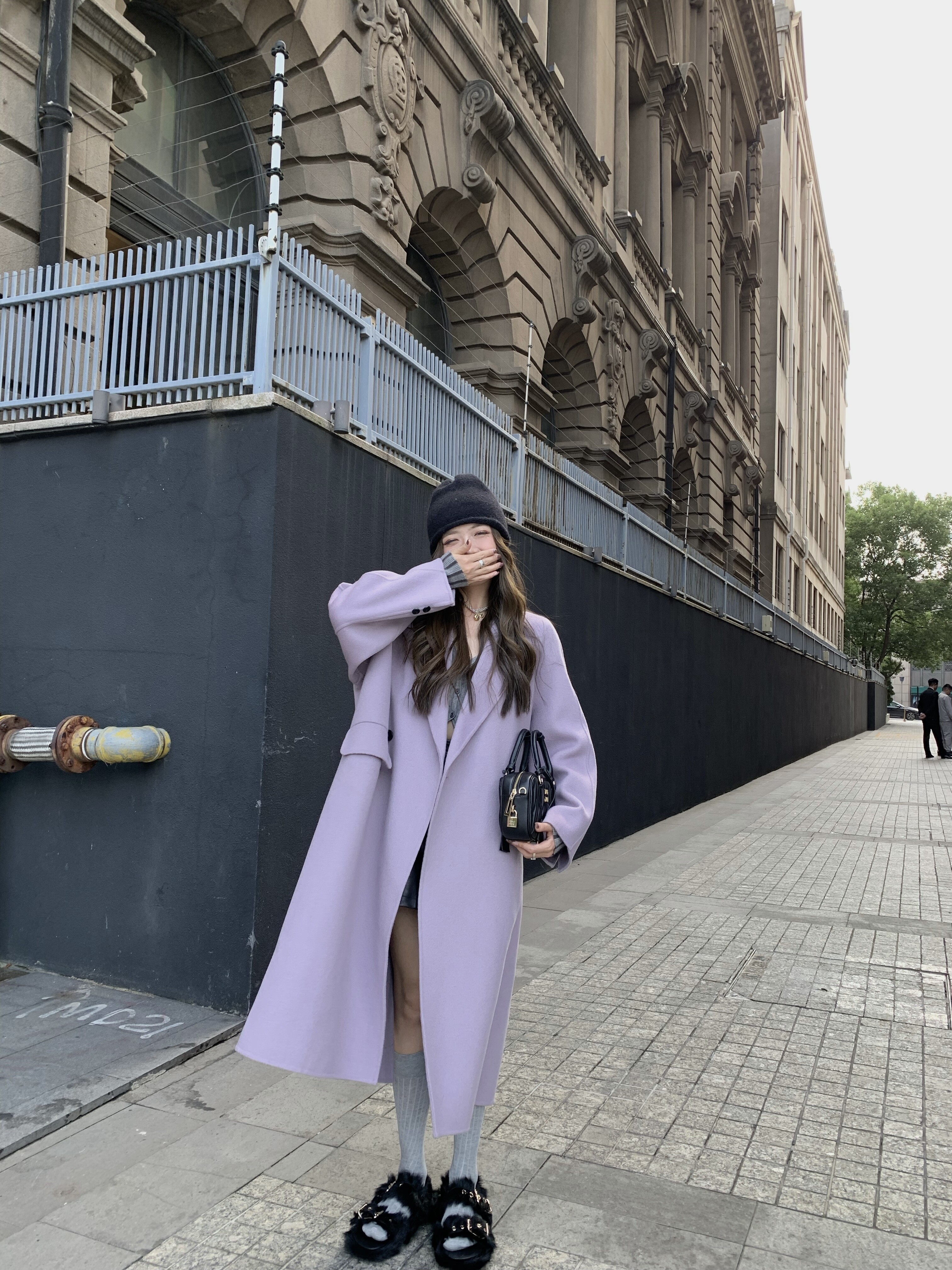 HEBEN MODE 灰紫色美拉德 100荃澳毛羊毛双面呢大衣女毛呢外套冬