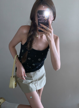 HEBEN MODE 夏日缪斯 烫钻修身显瘦短款后背交叉弹力针织吊带