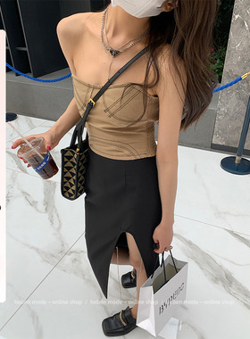 HEBEN MODE“腿长2米的秘密 设计感高腰开叉半裙女黑色包臀裙夏季