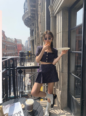 HEBEN MODE苏黎世假期 小香气质短袖夏套装女短款上衣半裙两件套