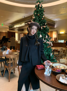 HEBEN MODE 100羊毛围巾毛呢外套黑色短款双面尼大衣女冬半裙套装