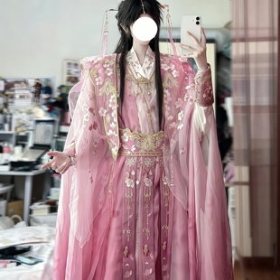 汉服重工刺绣大袖衫粉色飘片斗篷古风连衣裙国风套装仙气男女同款