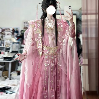 汉服重工刺绣大袖衫粉色飘片斗篷古风连衣裙国风套装仙气男女同款
