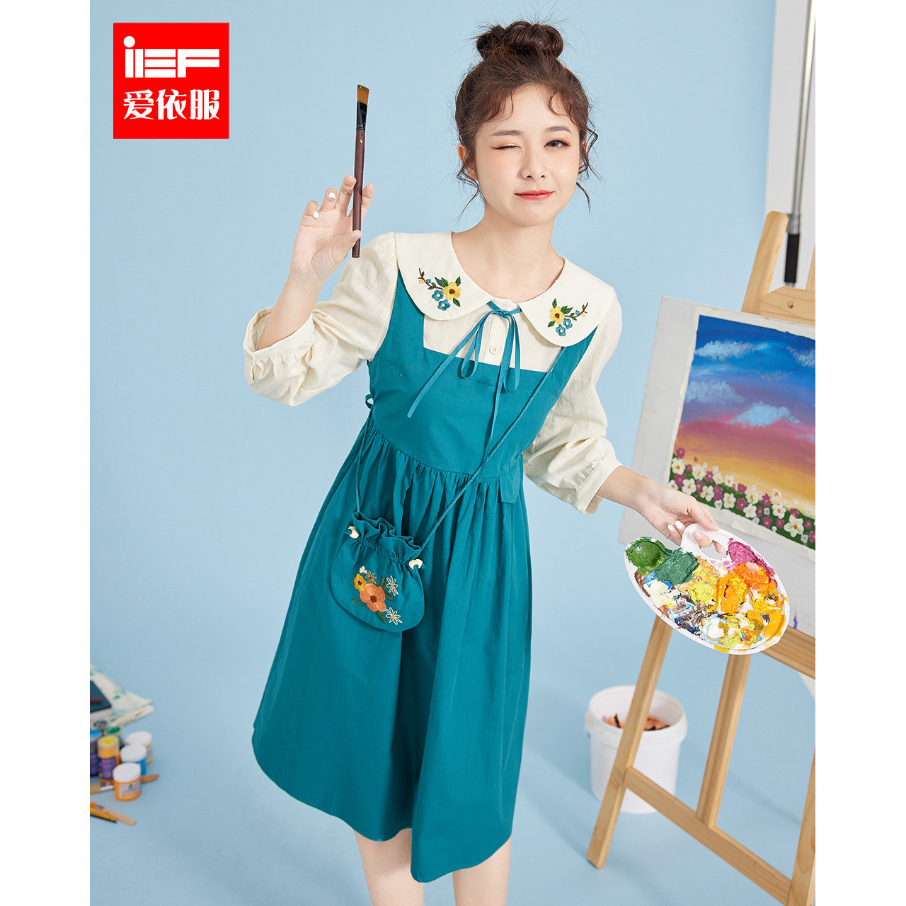 【清仓特价】IEF/爱依服连衣裙2021夏秋新款刺绣娃娃领七分袖长裙