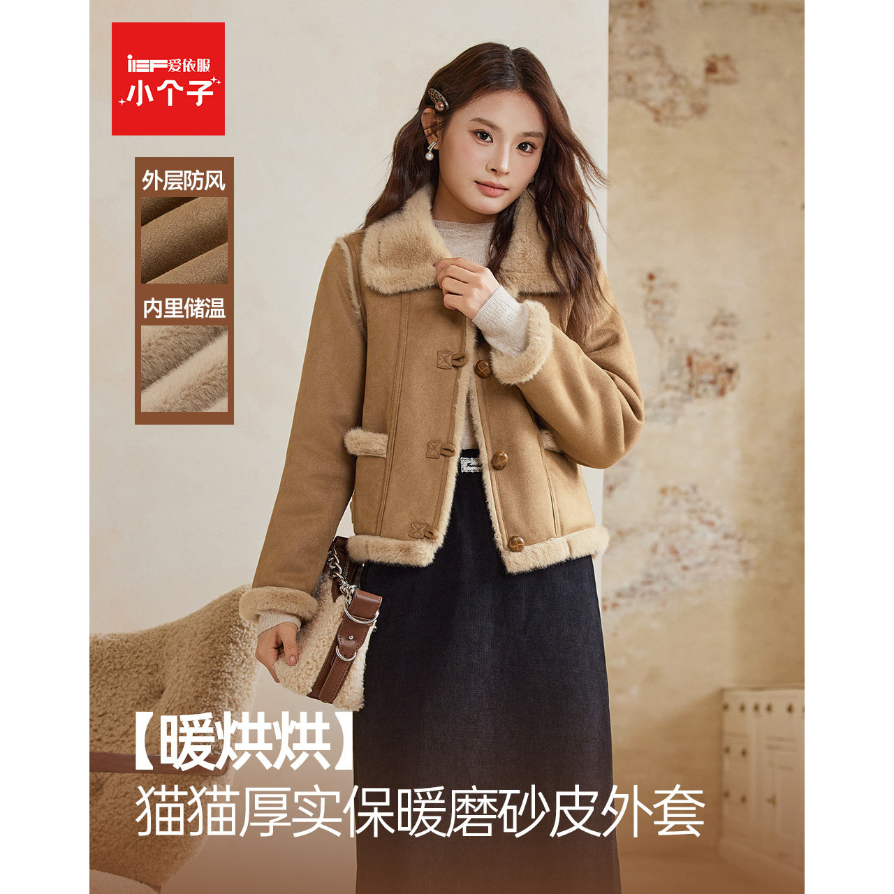 IEF/爱依服2025冬季新款法式气质短外套女时尚厚实保暖磨砂皮外套,女装/女士精品,短外套,淘宝优惠券,粉丝福利购,淘宝优惠卷