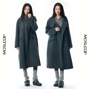 M225810599山羊绒绵羊毛混纺双排扣长款灰色双面呢大衣女高级感