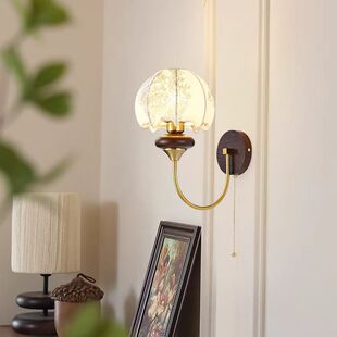 法式中古壁灯卧室床头灯美式复古花纹布艺客厅实木带拉线开关灯具