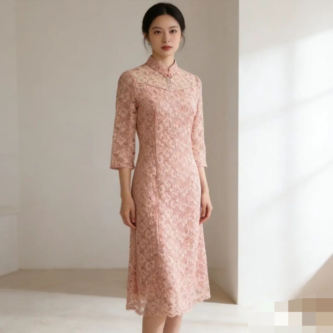 高端蕾丝旗袍2026新款春季女复古改良高贵洋气中年妈妈长袖连衣裙