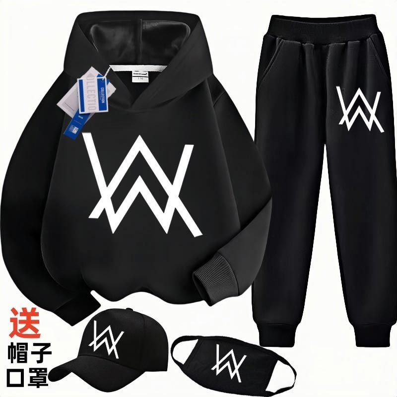 儿童卫衣男连帽Alan Walker同款秋冬潮ins艾兰沃克加绒裤子套装