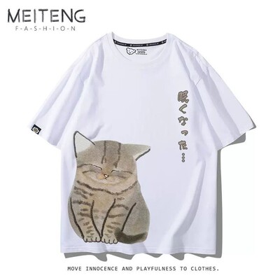 打盹睡觉大橘猫咪卡通狸花猫T恤衫纯棉儿童短袖男女夏季宽松短袖