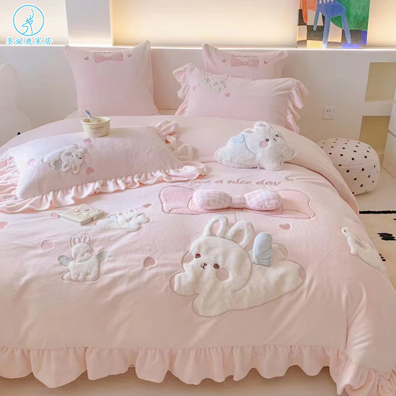 可爱儿童公主风冬季牛奶绒四件套加厚双面珊瑚绒被套床笠款三件套