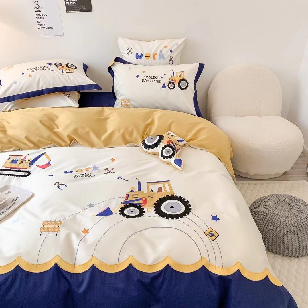 可爱卡通男孩挖掘机60s长绒棉四件套纯棉儿童刺绣被套全棉1.2床笠,床上用品,床品套件/四件套/多件套,淘宝优惠券,粉丝福利购,淘宝优惠卷