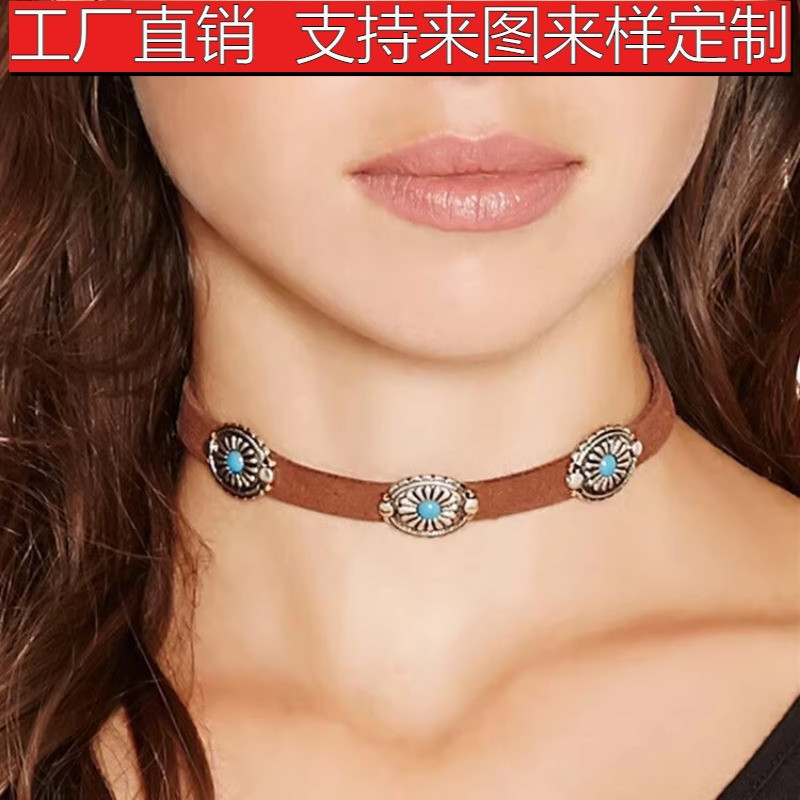 欧美时尚复古颈链金属花盘松石韩国绒项链choker波西米亚颈链颈圈