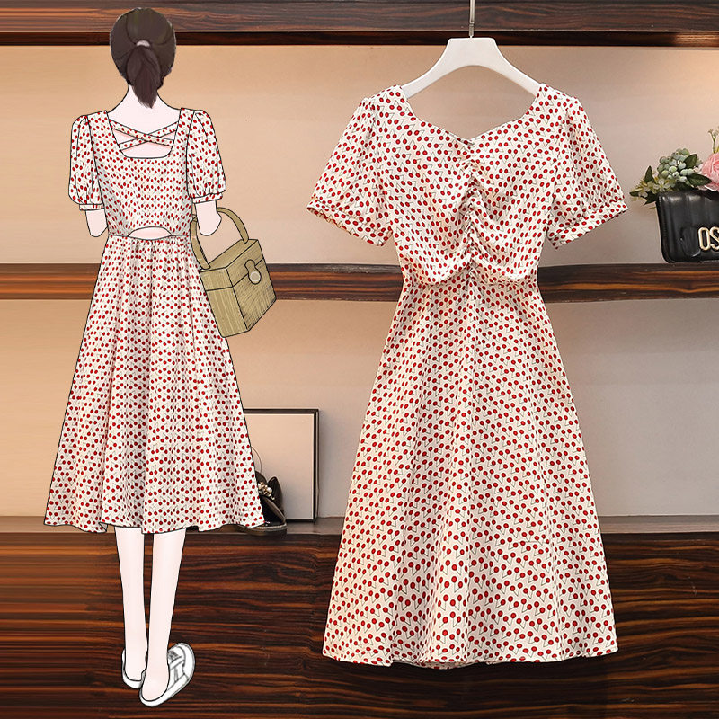 大码女装2021夏季新款樱桃碎花连衣裙收腰遮肚后背镂空露背雪纺裙