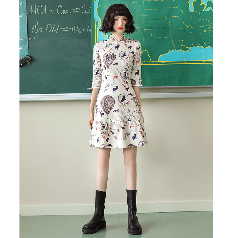 鱼尾旗袍2024年新款春秋年轻款少女H改良新中式小个子连衣裙短款