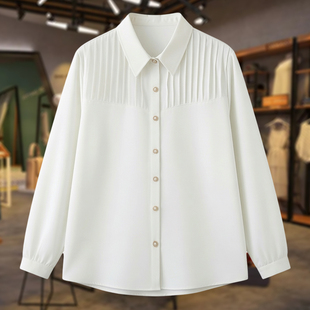 高级感上衣大码 胖mm春夏装 女长袖 白色褶皱免烫衬衫 职业衬衣 新款