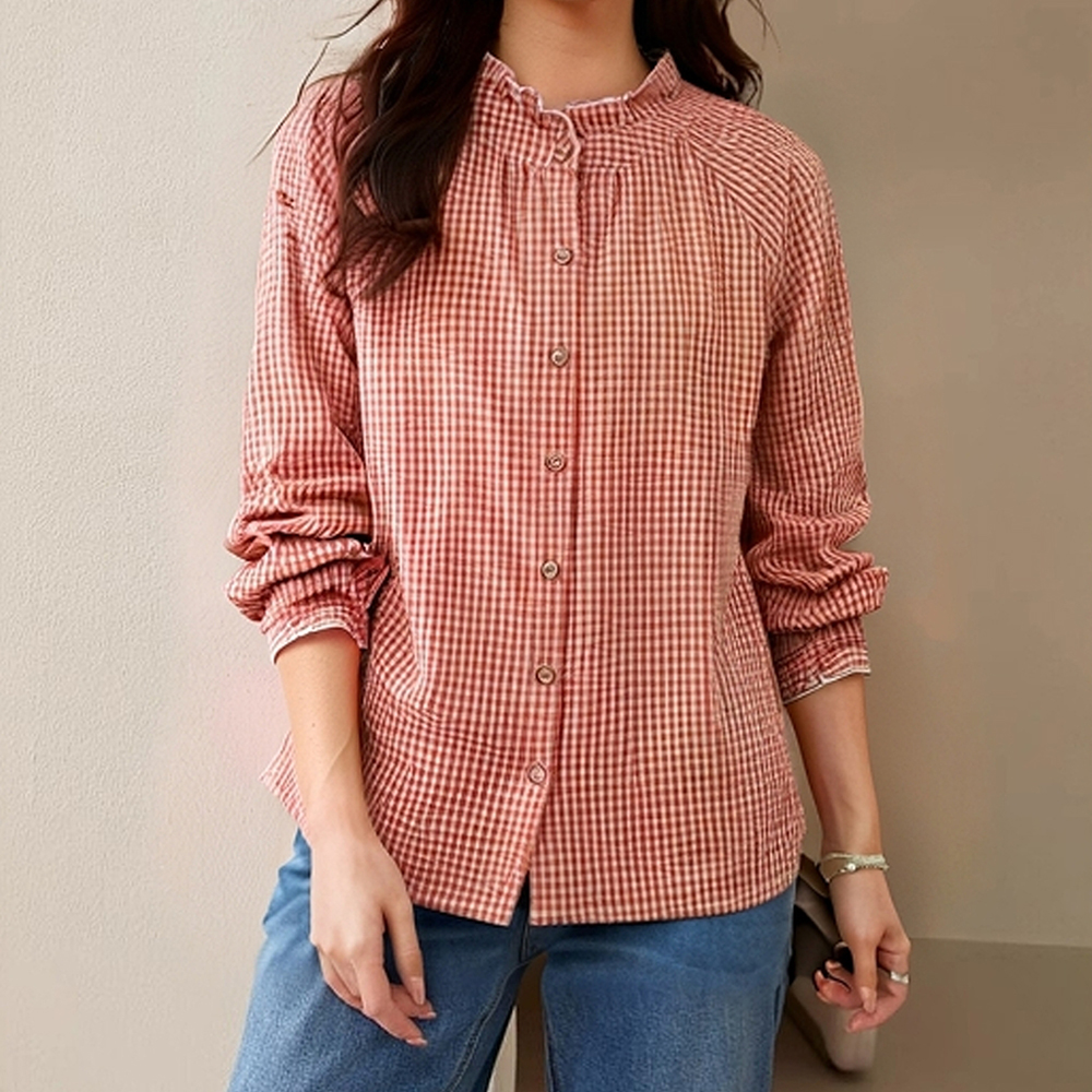 大码双层纱木耳边衬衫女春季新款