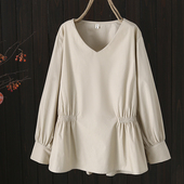 女装 大码 V领收腰长袖 春秋新款 t恤女正肩上衣宽松200斤胖mm打底衫