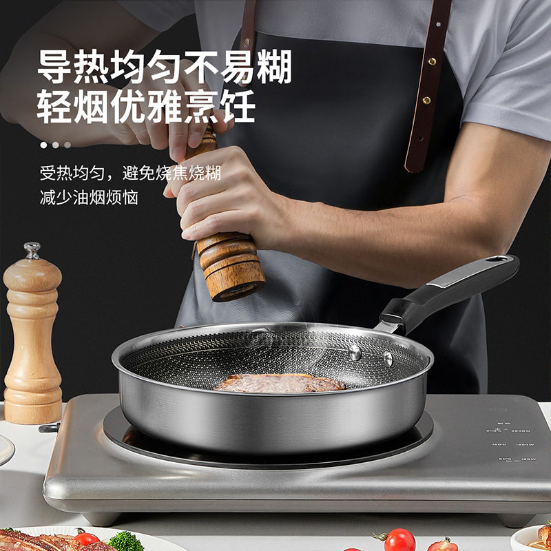 炊大皇304不锈钢煎锅家用平底锅牛排煎锅带盖不粘锅电燃气灶通用