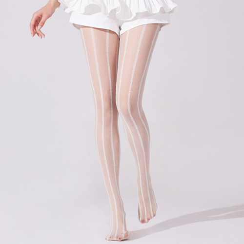 洛丽塔风白丝爱心竖条纹灰紫咖色夏季薄丝袜提花袜辣妹连裤袜