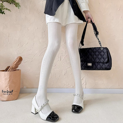 奶白连裤袜女秋冬甜美日系lolita麦穗纹打底袜天鹅绒厚款显瘦袜子
