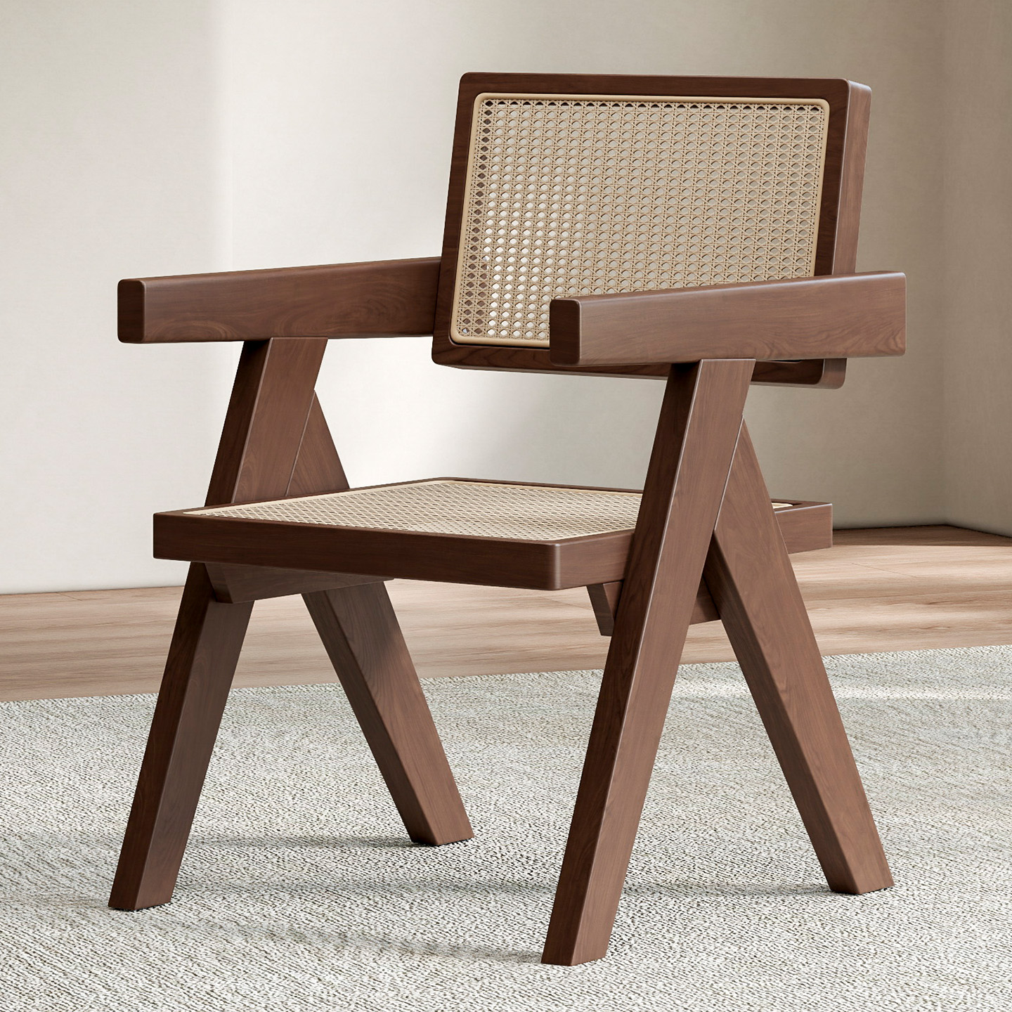 家用扶手书桌椅休闲椅中古实木昌迪加尔椅子藤编餐椅茶椅靠背椅