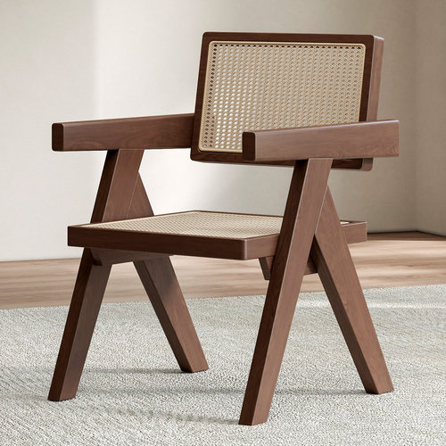 家用扶手书桌椅休闲椅中古实木昌迪加尔椅子藤编餐椅茶椅靠背椅