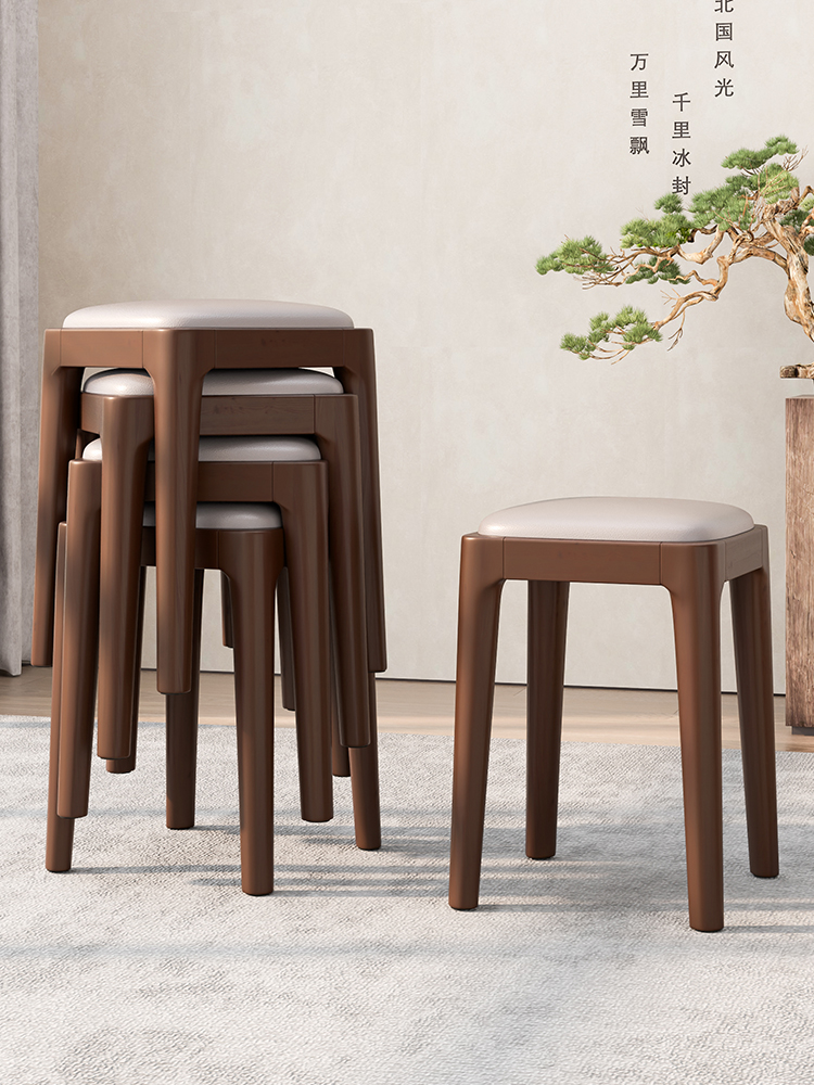 家用可叠放软包板凳客厅木头矮凳简约现代小方凳餐桌椅子实木凳子
