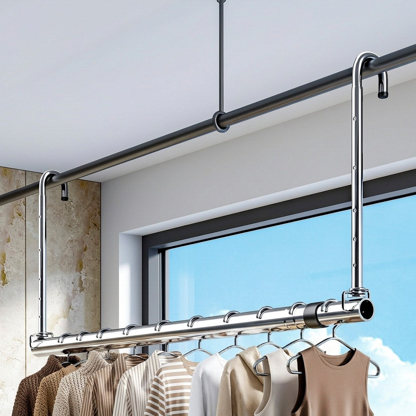 晾衣架家用阳台伸缩晾衣杆升降凉衣捍吊挂不锈钢免打孔晒被子神器,收纳整理,置地/升降晾晒衣架,淘宝优惠券,粉丝福利购,淘宝优惠卷