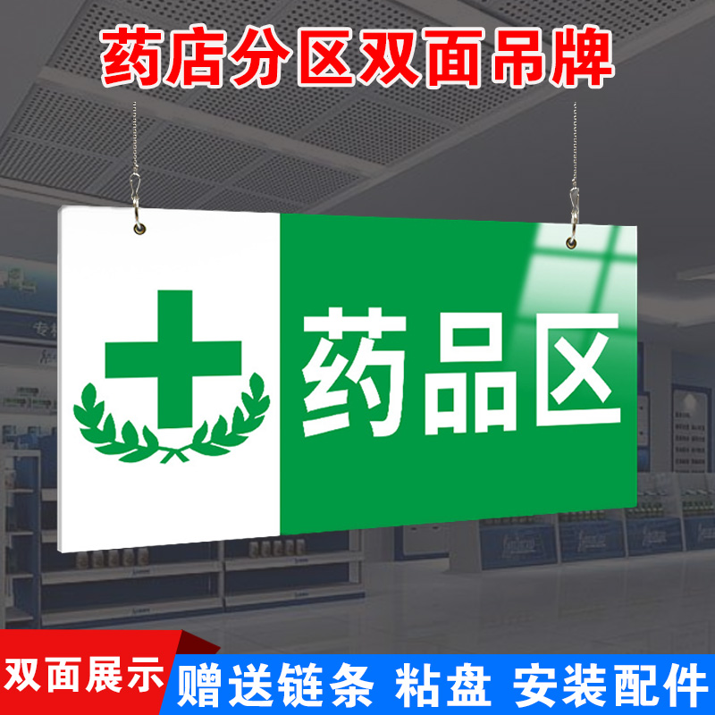 药店分区牌双面挂牌吊牌药品区中药区收银台区域划分标识牌指示牌指引导向牌药房吊牌货架分布摆放标志牌定制