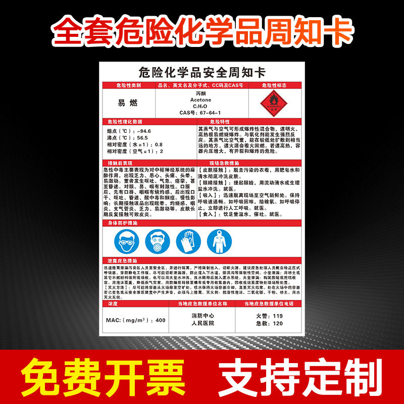 丙酮危险化学物品安全周知卡 周知牌 提示牌 标识牌 警示牌 牌子 贴纸