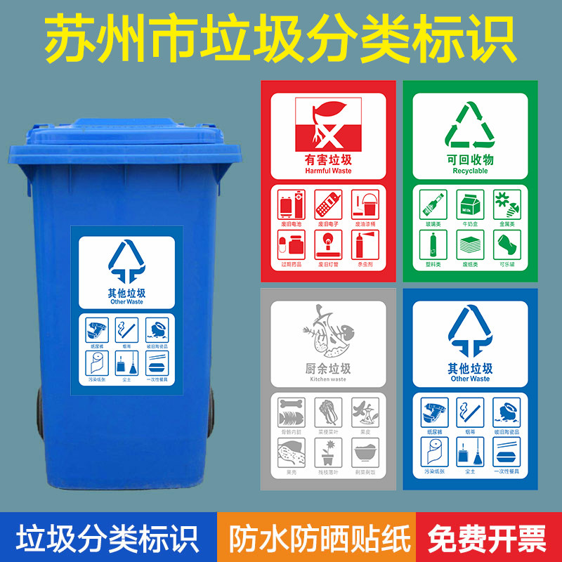 苏州市垃圾分类标识 贴纸 易腐垃圾有害垃圾厨余垃圾可回收物其他垃圾