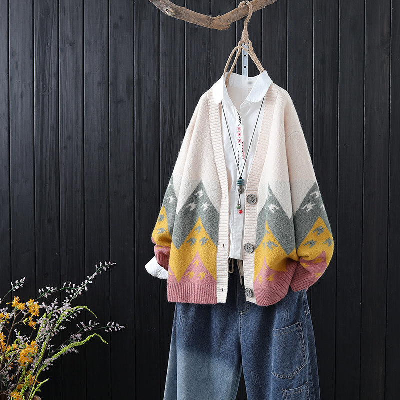 复古文艺拼色提花针织开衫女秋冬宽松百搭慵懒风长袖短款毛衣外套
