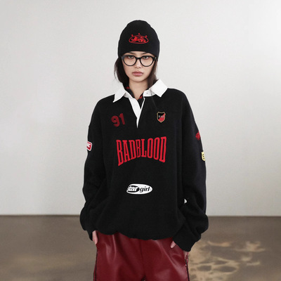 badblood翻领徽章撞色卫衣女美式新款宽松刺绣拼接橄榄球运动衫