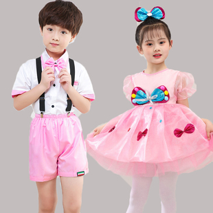 六一幼儿无敌小可爱舞蹈演出服粉红色蝴蝶结蓬蓬裙小班男女合唱