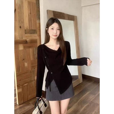 MosesQueen魔西女王气质开叉设计感收腰长袖显瘦系带新款上衣女