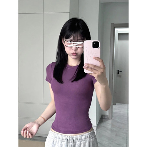 MosesQueen魔西女王显身材掐腰正肩T恤女2025夏季紫色圆领上衣女