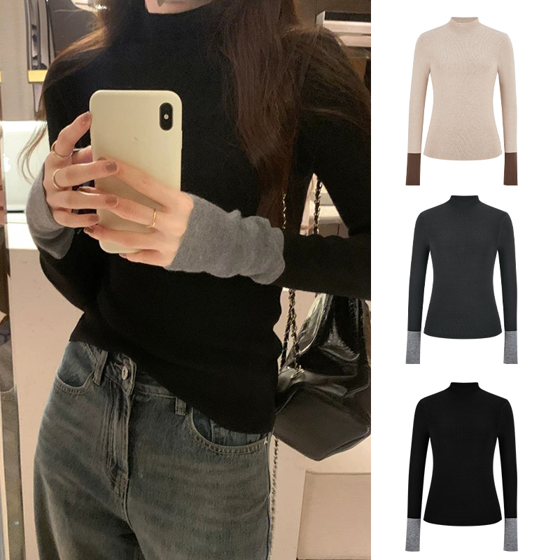 MosesQueen魔西女王黑色半高领针织打底衫女秋冬内搭毛衣长袖上衣