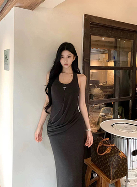 MosesQueen魔西女王显瘦褶皱背心连衣裙女夏季高冷御姐气质裙子