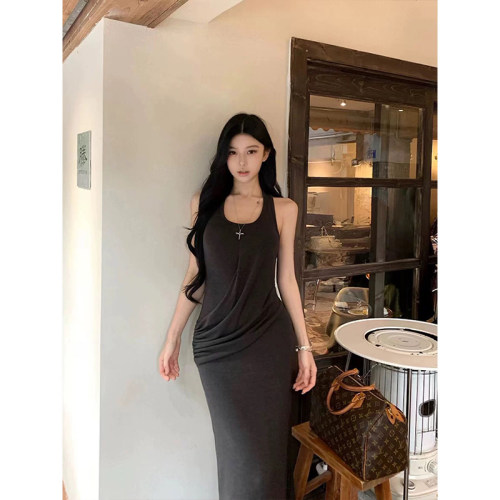 MosesQueen魔西女王显瘦褶皱背心连衣裙女夏季高冷御姐气质裙子