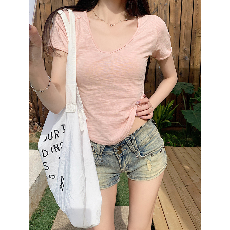 Mosesqueen魔西女王微透纯棉大U领短袖2025夏季新款透气短款t恤女