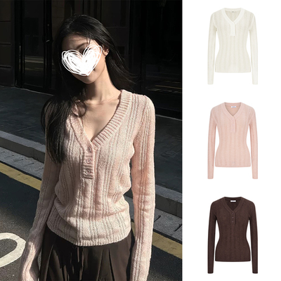 MosesQueen魔西女王粉色镂空V领针织衫修身长袖毛衣温柔长袖上衣