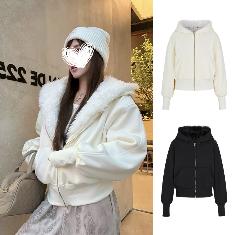 MosesQueen魔西女王美式连帽卫衣外套冬季加绒加厚短款开衫上衣