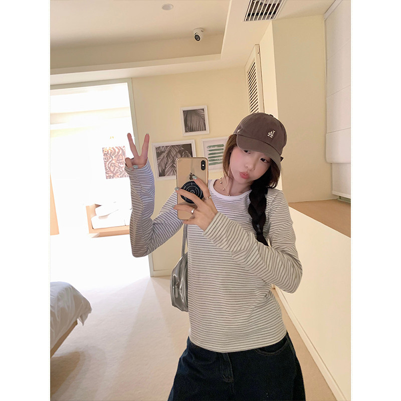 MosesQueen魔西女王正肩长袖t恤秋季条纹圆领打底衫修身显瘦上衣