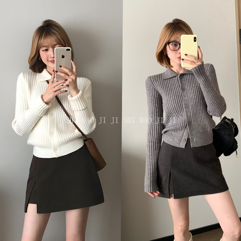 MosesQueen魔西女王翻领女针织复古风POLO领秋冬短款洋气设计感